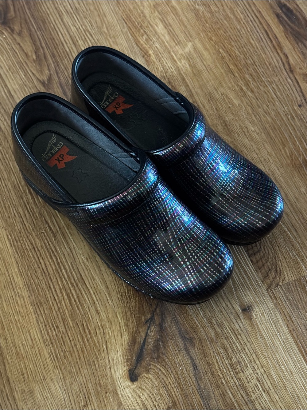 Dansko Iridescent Plaid Slip-On Clogs - Black with Multicolor Shimmer Size 39